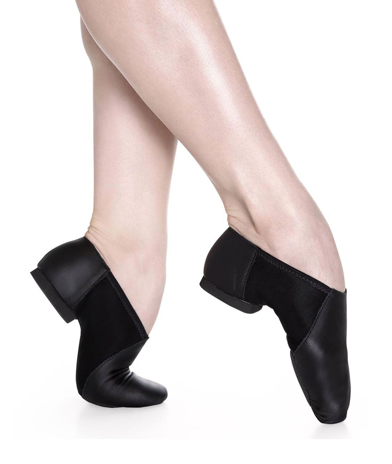 Jazzschuhe aus Leder und Stretcheinsatz mit geteilter Chromledersohle und Gummiabsatz JZE45A Jazzschuhe aus Leder mit Stretcheinsatz und geteilter Chromledersohle und Gummiabsatz schwarz
