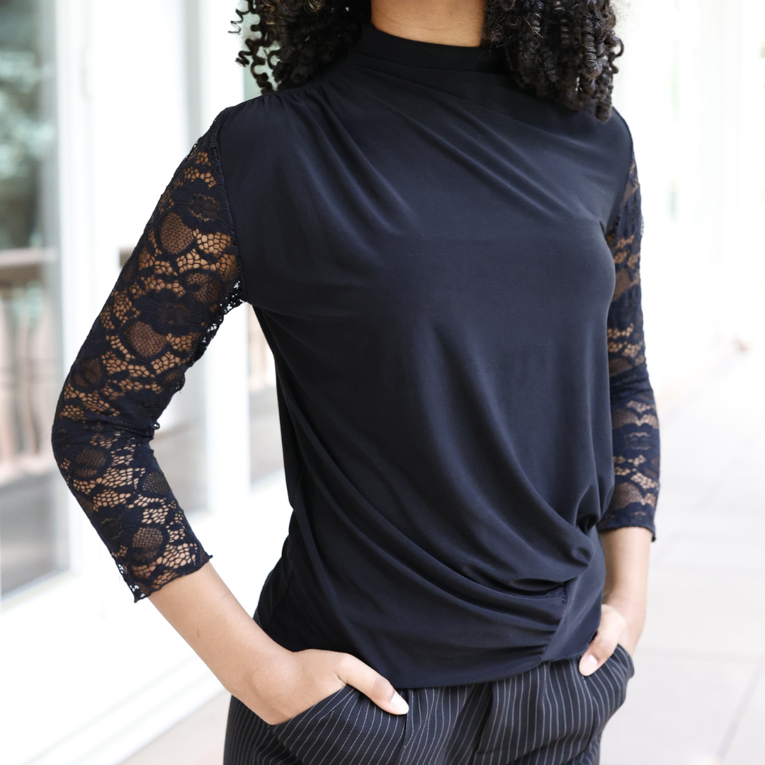 Damen Top mit 3/4-Spitzenärmeln Schwarz 